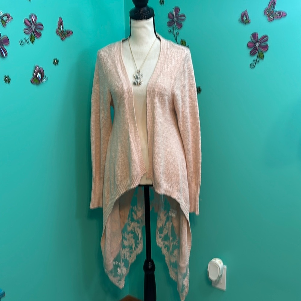 "Blue Rain" brand cardigan with lace detailing at the bottom